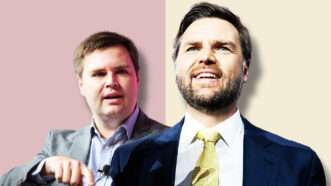 A pink and yellow background with a current J.D. Vance on the right and an older picture of J.D. Vance on the left | Jeff Malet Photography/Newscom; Tom Williams/CQ Roll Call/Newscom