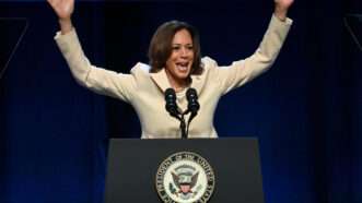 Kamala Harris awkwardly giving a speech | Anthony Behar/Sipa USA/Newscom